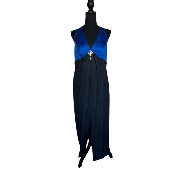 De Laru by Sheila Yen Dresses & Skirts - Halter Maxi Dress Blue Black Beaded Pearl Accent Formal Vintage Prom Y2K 32" wst